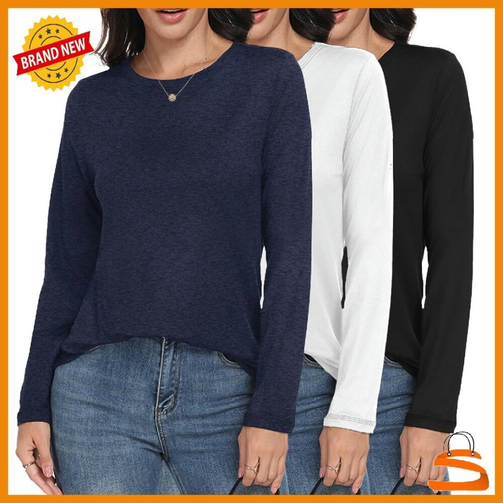 3 Pack Long Sleeve Tees Women Loose Fit Crew Neck Basic Tops Casual